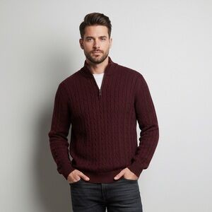 Ethan Pierce 100% Cashmere Dark Red Cable Neck 1/4 Zip Sweater Medium